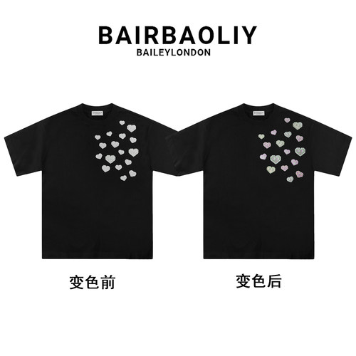 重磅纯棉光感变色爱心短袖T恤