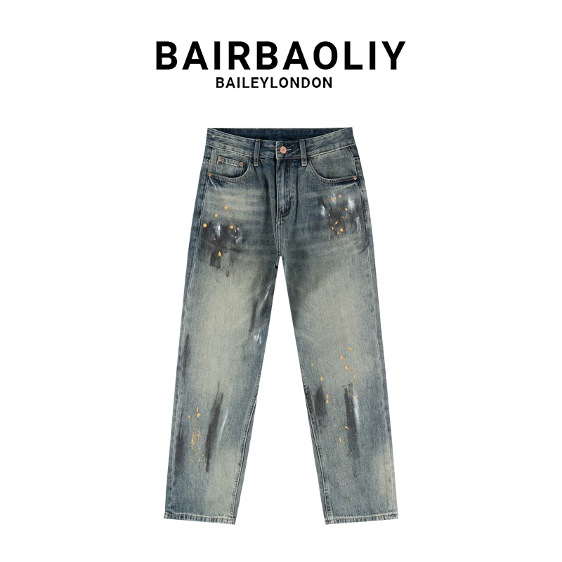BAIRBAOLIY泼墨水洗做脏牛仔裤男美式潮牌油漆点宽松直筒裤2025春