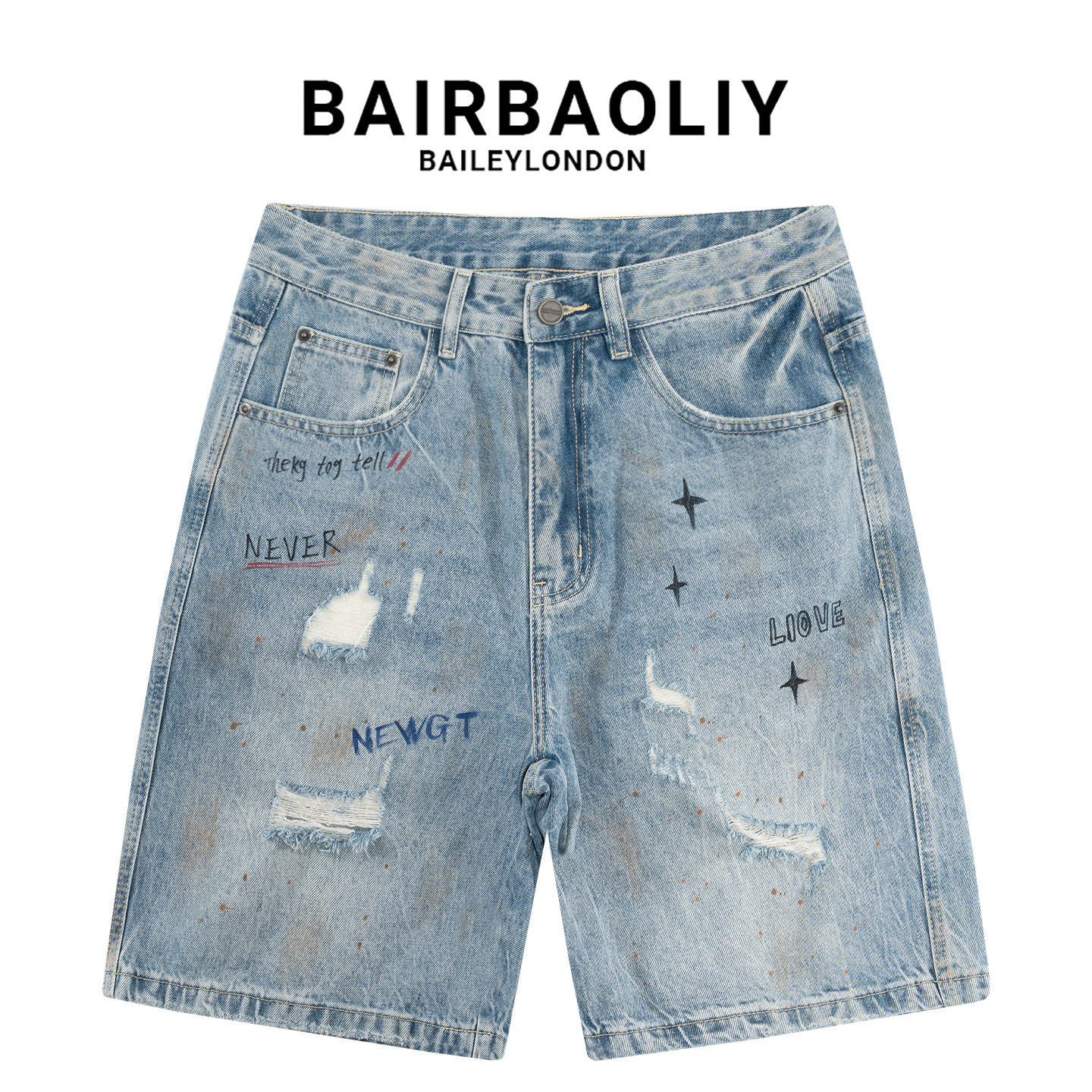 BAIRBAOLIY高街涂鸦破洞彩绘潮牌牛仔短裤夏季男士新款休闲五分裤