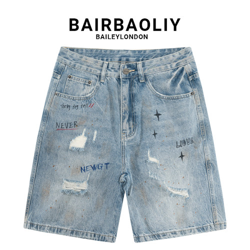 BAIRBAOLIY高街涂鸦破洞牛仔短裤