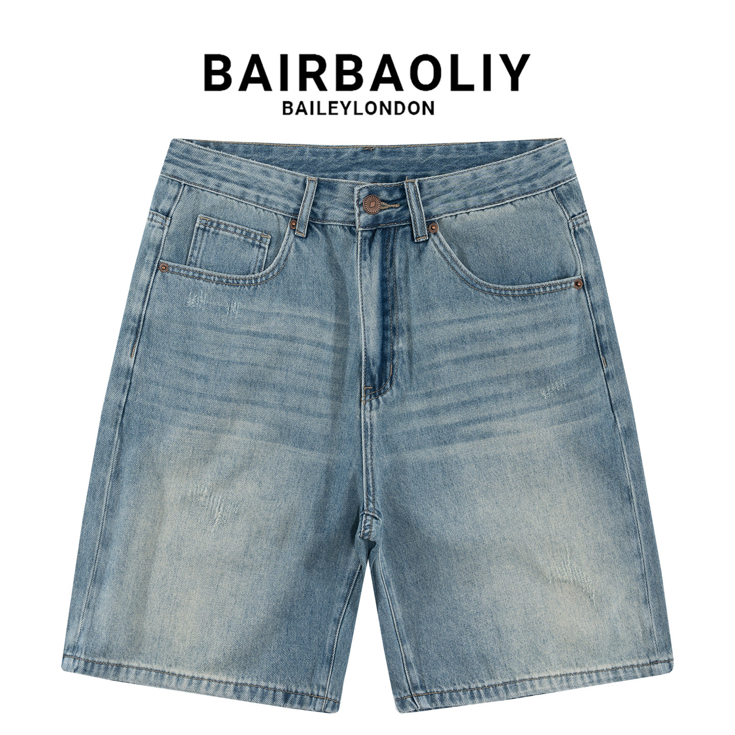 BAIRBAOLIY男装潮牌复古做旧水洗软牛仔短裤美式宽松直筒五分中裤