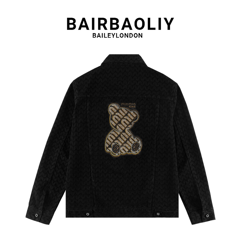 BAIRBAOLIY创意小熊烫钻提花翻领修身型夹克春季经典休闲潮流外套