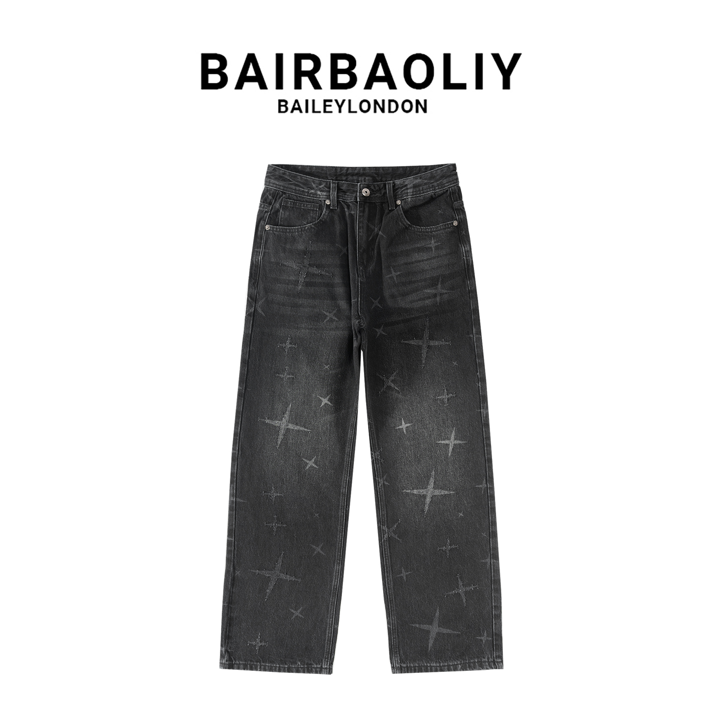 BAIRBAOLIY美式小众高端渐变黑灰色星光印花宽松直筒复古牛仔长裤