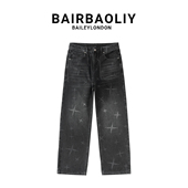 BAIRBAOLIY美式 小众高端渐变黑灰色星光印花宽松直筒复古牛仔长裤