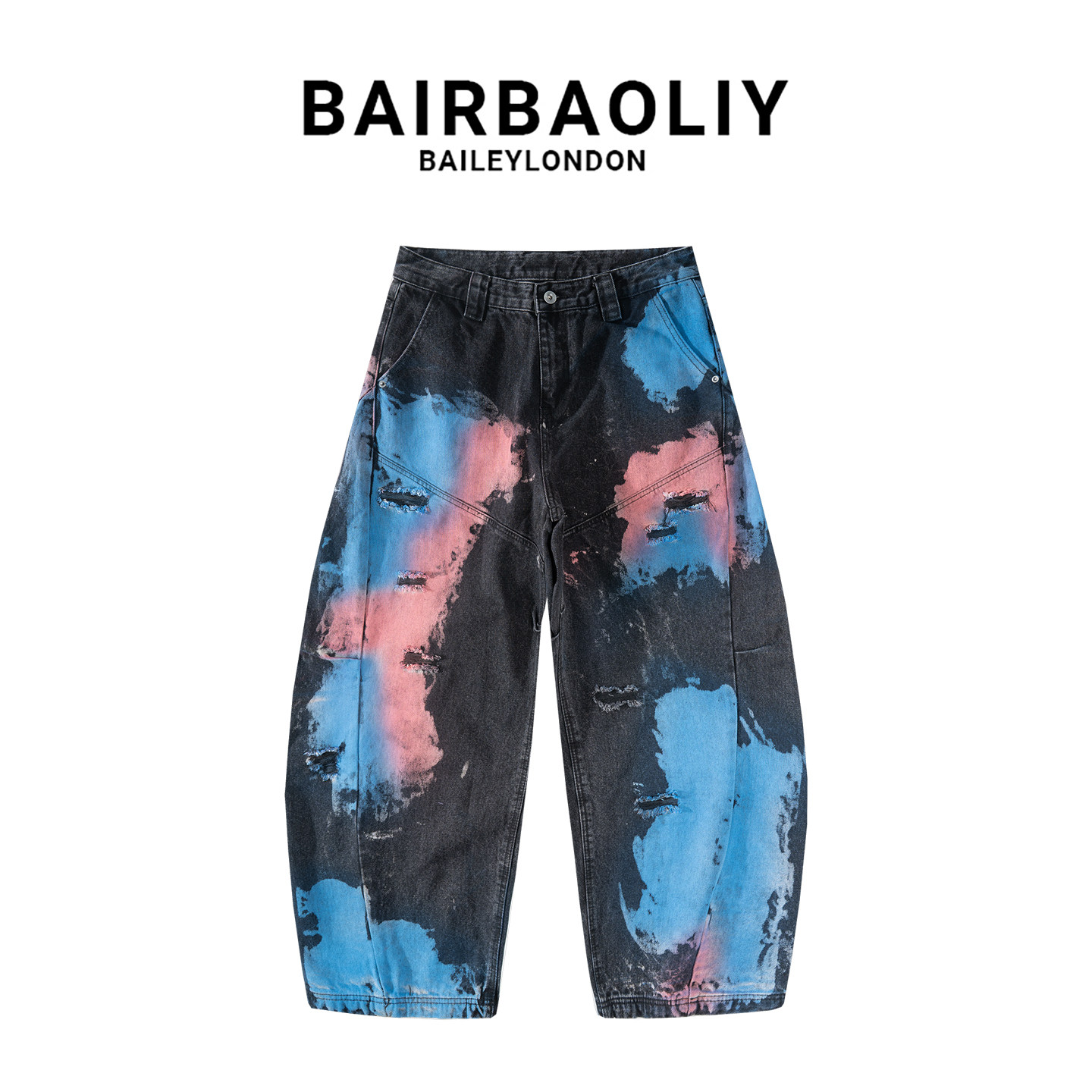 BAIRBAOLIY高端设计感破洞涂鸦弯刀牛仔裤男痞帅嘻哈个性潮流长裤
