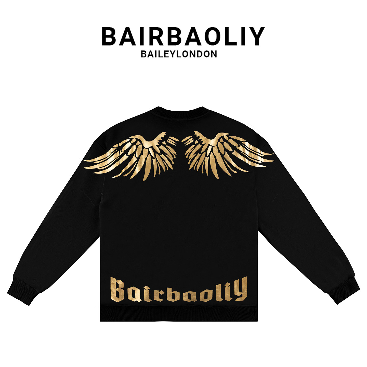 BAIRBAOLIY时尚高端潮流烫金翅膀圆领卫衣男复古潮酷休闲百搭上衣