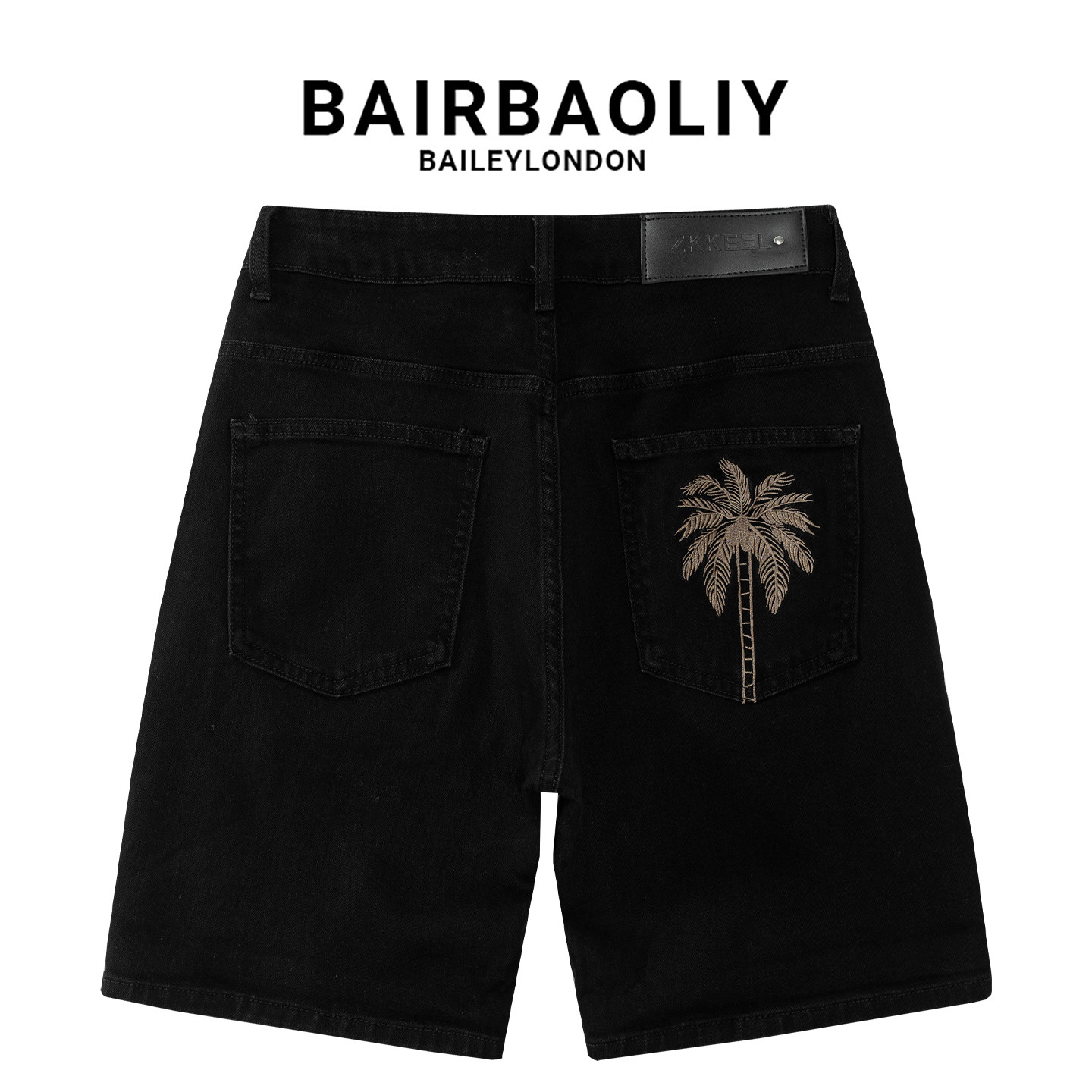 BAIRBAOLIY夏季椰树刺绣牛仔短裤男款2026黑色弹力百搭痞帅休闲裤