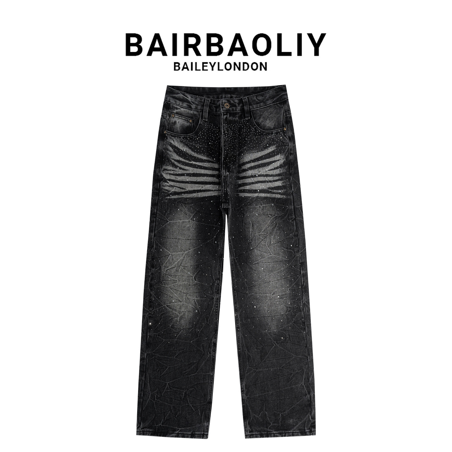 BAIRBAOLIY高级黑烫钻裂纹做旧牛仔裤男士潮酷嘻哈街头宽松直筒裤