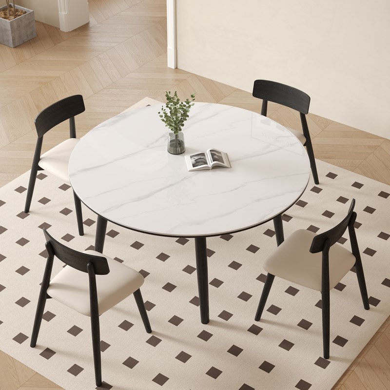 现代简约黑色岩板实木圆形餐x桌椅组合家用小户型餐厅网红吃饭圆