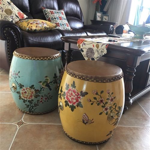 45CMc特色鼓凳牛皮实木手绘彩绘新中式换鞋凳圆凳矮凳梳妆鼓墩做