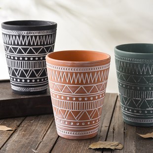 红陶土花盆圆形瘦高款做旧复古图腾元素透气陶瓷素烧绿植盆栽陶盆