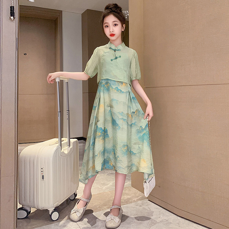 女童旗袍连衣裙夏季2023新款洋气女大童中国风复古裙子儿童薄汉服