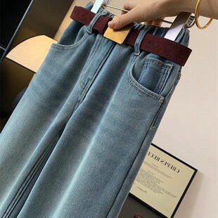 女童直筒喇叭加绒牛仔裤冬中大童装一体绒休闲长裤阔腿裤百搭宽松