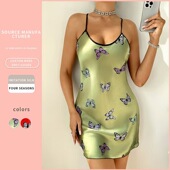 跨境丹尼林冰丝绸吊带睡裙仿真丝时尚 休闲蝴蝶吊带裙女感露背睡衣