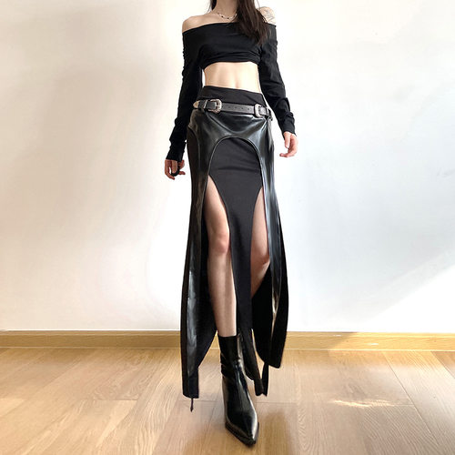 2026欧美高街辣妹风不规则皮革拼接半身裙性感修身开叉包臀裙长裙