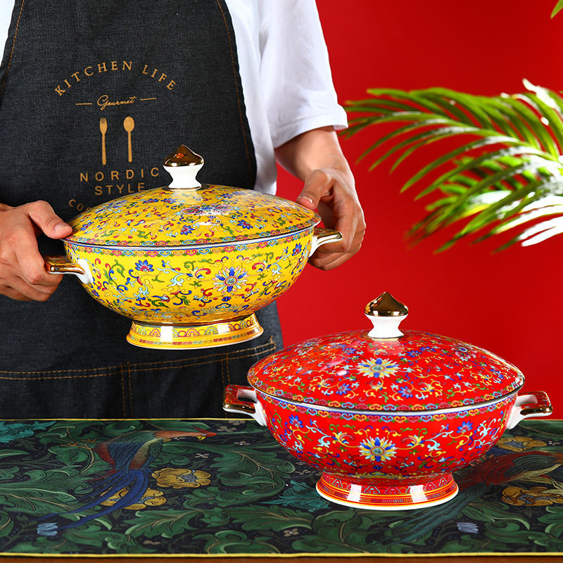 珐琅彩汤碗家用陶瓷大号酸菜鱼大盆碗骨瓷汤煲汤盆餐具毛血旺用碗