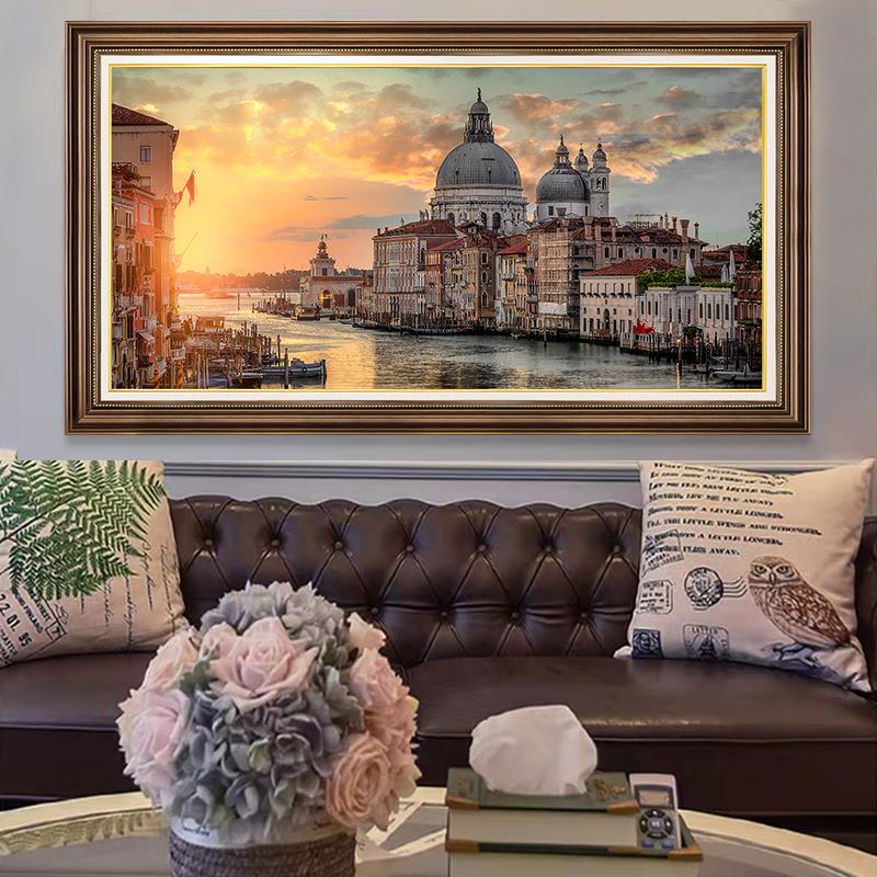 复古美式客厅装饰画沙发背景墙轻奢挂画横版一整幅玄关建筑风景画