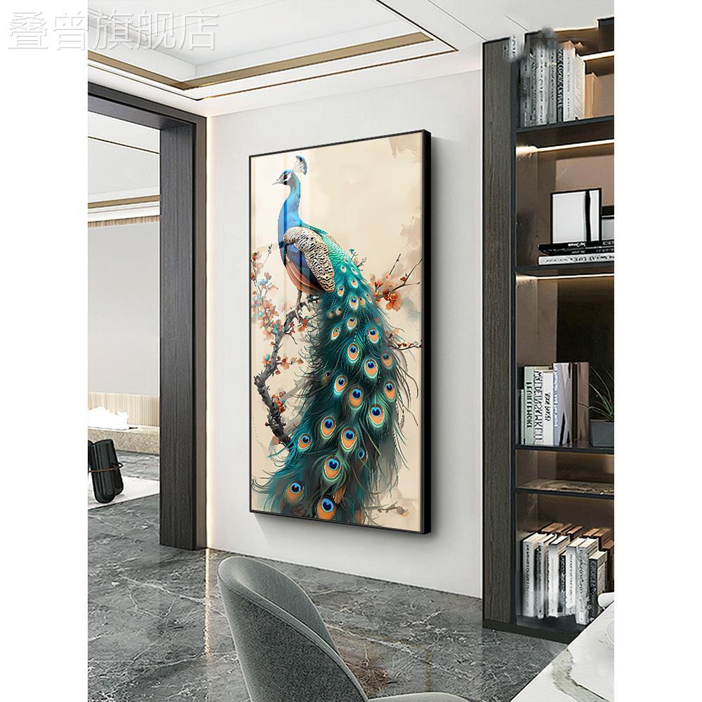 玄关装饰画竖版走廊过道挂画中国风入户客厅正对门墙画孔雀壁画