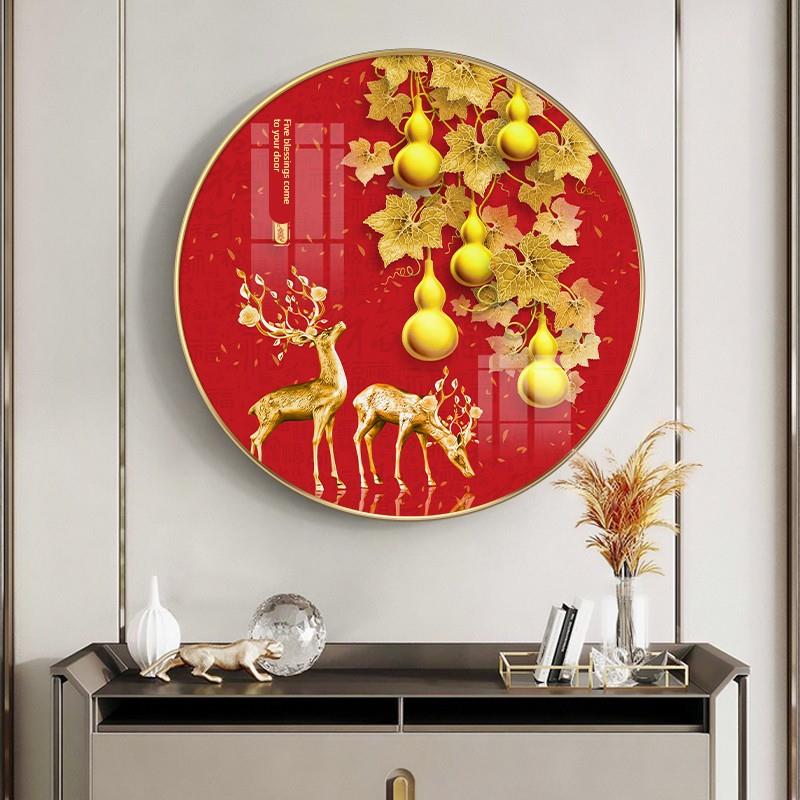 五福临门玄关画新中式走廊过道福字挂画招财葫芦画圆形餐厅装饰画
