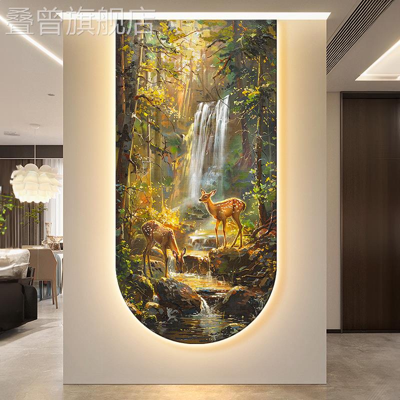 流水生财玄关装饰画欧美式山水风景走廊过道挂画麋鹿入户带灯壁画图片