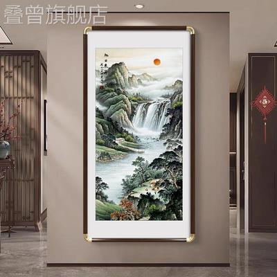 旭日东升山水画玄关装饰画进门入户流水生财挂画聚财竖版客厅壁画