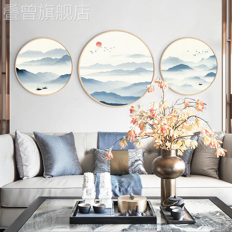 客厅背景墙装饰画新中式茶室禅意挂画写意山水画书房玄关圆形壁画图片