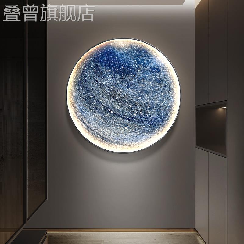 现代轻奢月球星球玄关卧室圆形装饰画 画客厅沙发背景墙LED灯墙壁图片