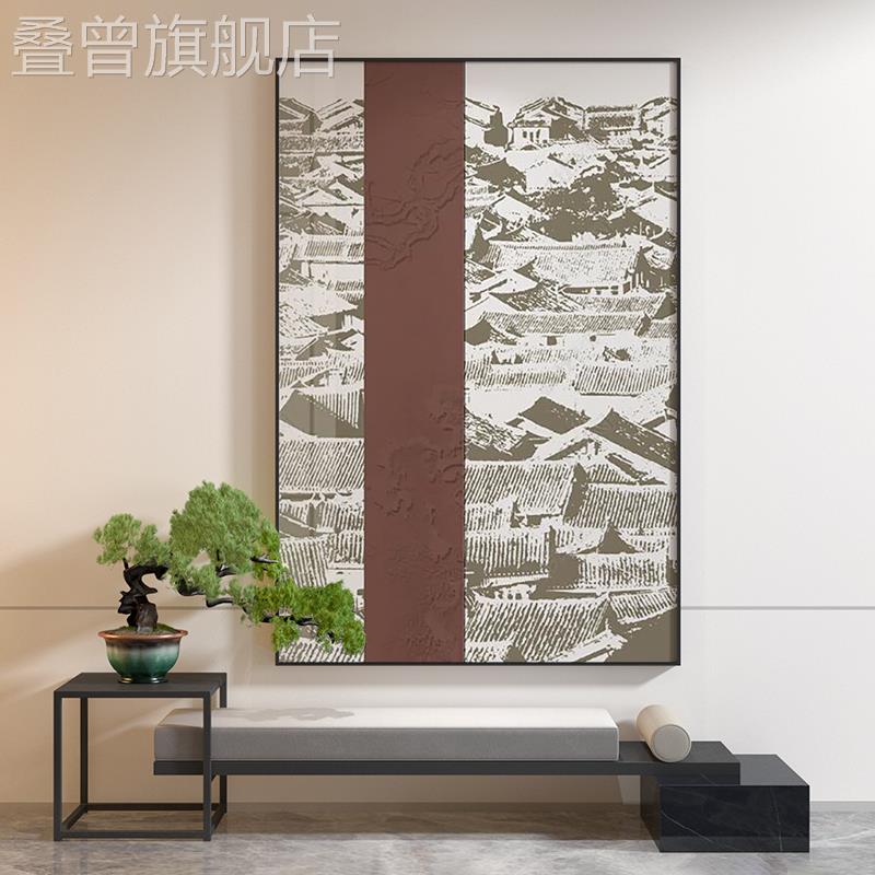 新中式轻奢客厅玄关装饰画写意复古建筑屋檐梅花艺术背景墙壁挂画图片