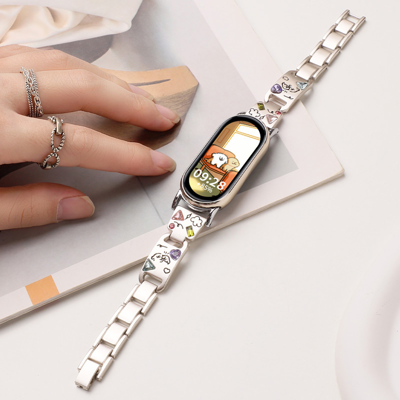 适用于小米手环10/9表带金属彩钻小狗腕带Xiaomi手环9陶瓷版8NFC智能运动高级感手镯镶钻式手链替换带女配件