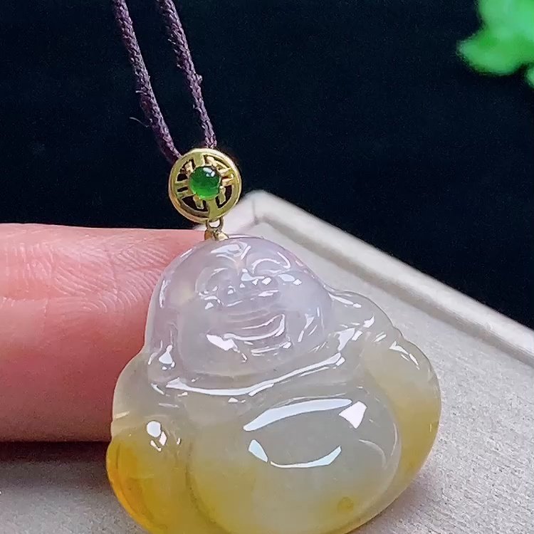 缅甸翡翠佛公镶金玉吊坠天然玉石A货18K金镶嵌冰种黄翡收藏1212