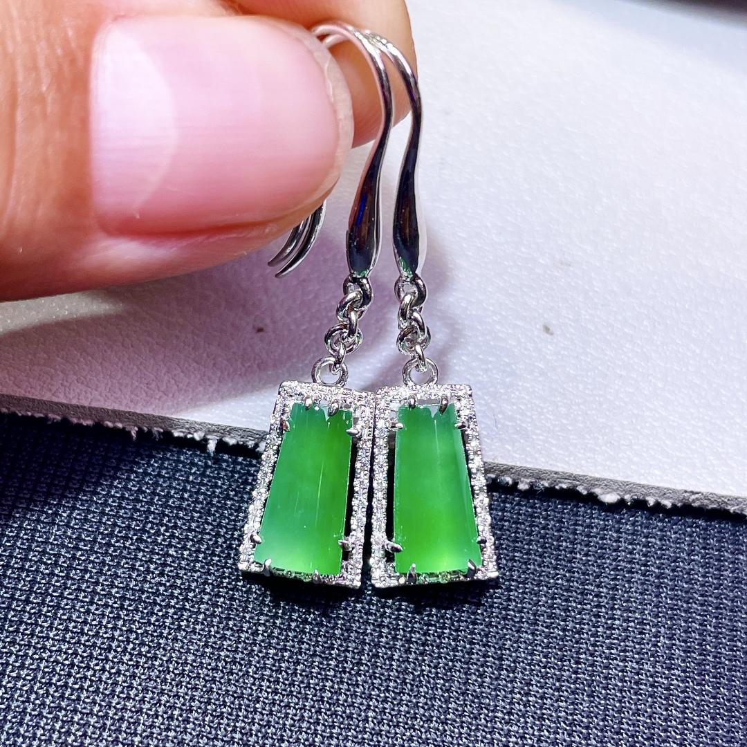 缅甸翡翠无事牌镶金玉耳环天然玉石A货18K金镶嵌冰种阳绿老坑1021