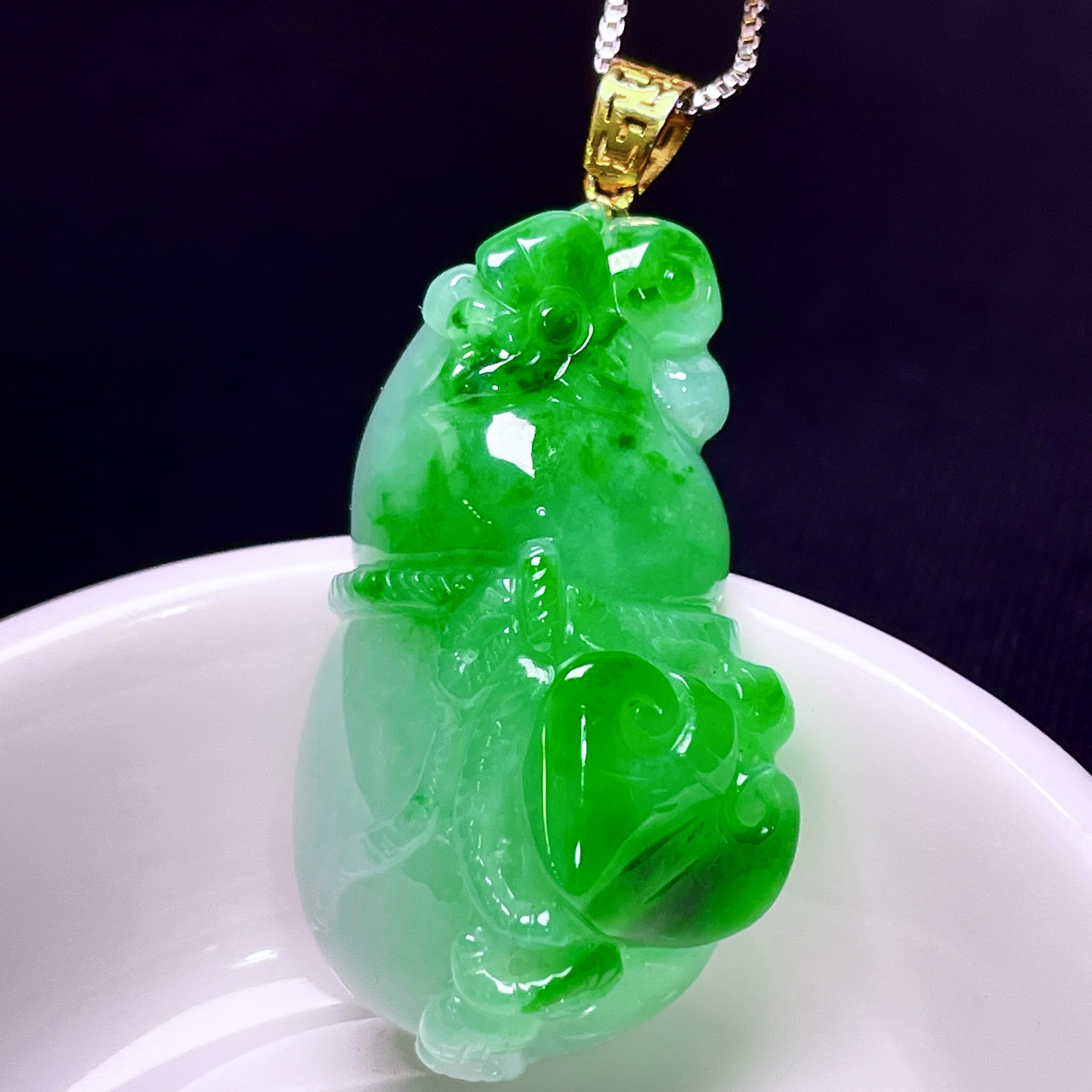 缅甸翡翠葫芦镶金玉吊坠天然玉石A货18K金镶嵌冰种辣绿证书0530