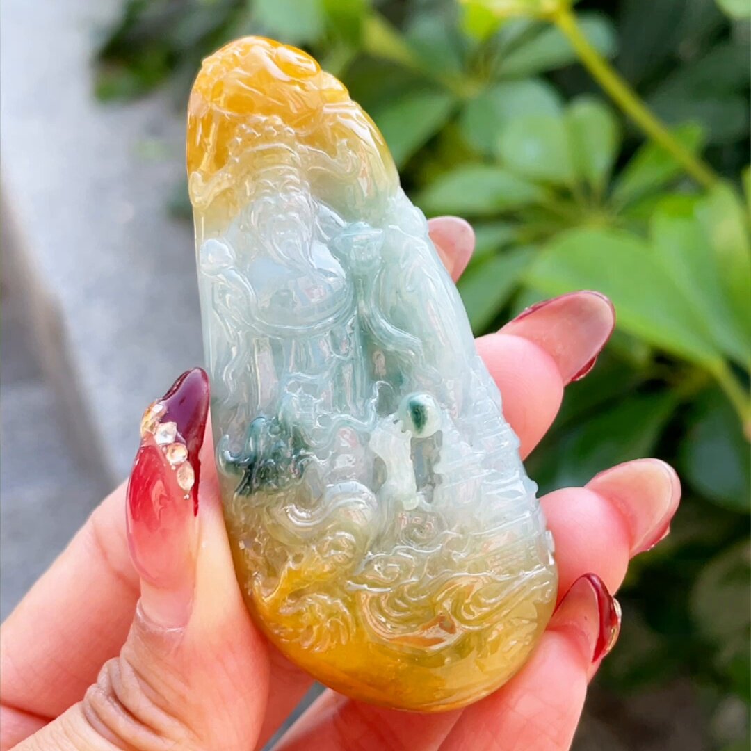 缅甸翡翠山水财神玉吊坠天然玉石A货冰糯种黄翡飘花高档证书0528