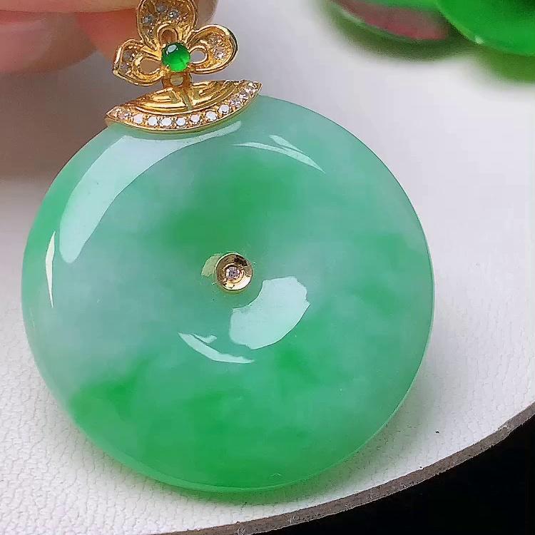 缅甸翡翠平安扣镶金玉吊坠天然玉