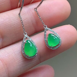 缅甸翡翠水滴镶金玉耳坠天然玉石A货18K金镶嵌冰种晴绿收藏0204