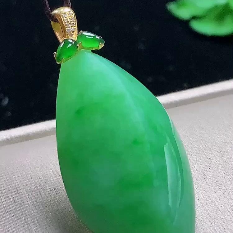 缅甸翡翠随形镶金玉吊坠天然玉石A货18K金镶嵌冰种满绿正品1025