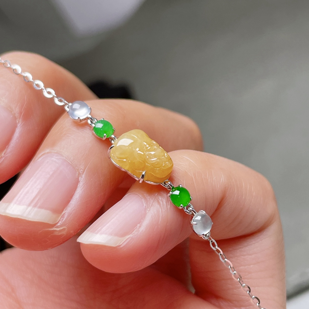 缅甸翡翠镶金貔貅手链 天然玉石冰种黄翡证书新款收藏礼物0924