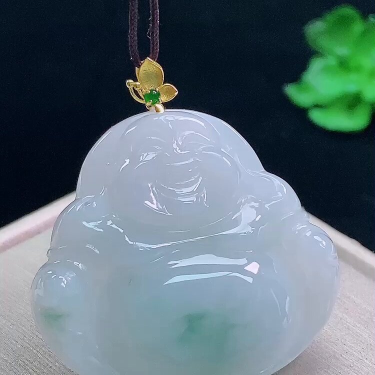缅甸翡翠佛公镶金玉吊坠天然玉石
