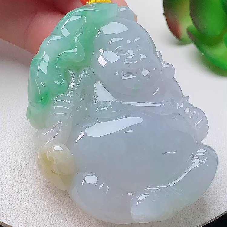 缅甸翡翠布袋佛玉吊坠天然玉石A货冰种黄加绿证书收藏正品1231