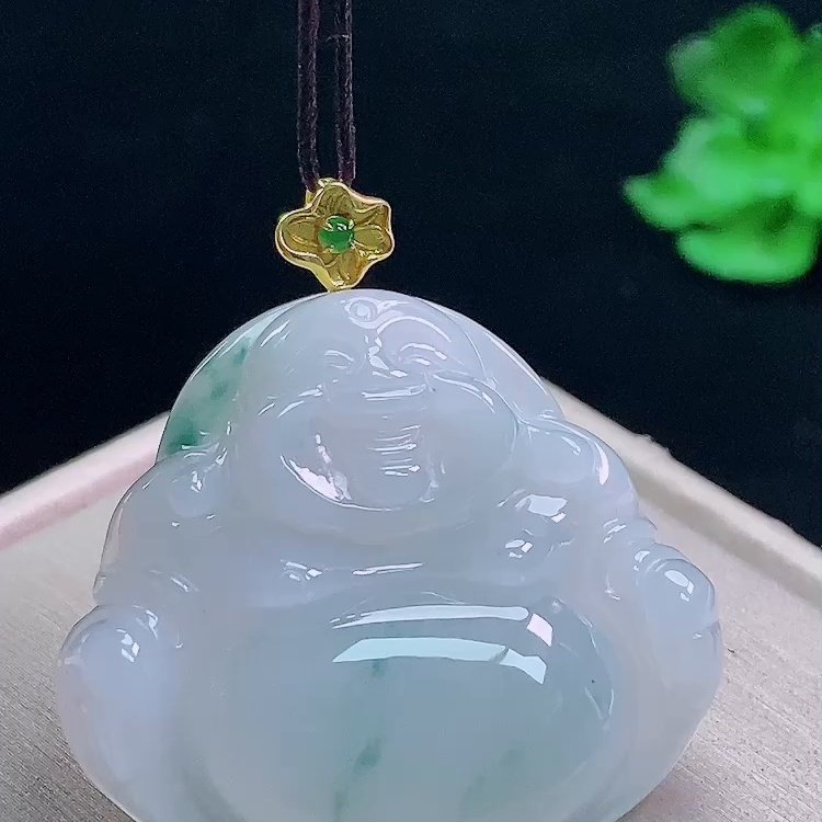 缅甸翡翠佛公镶金玉吊坠天然玉石