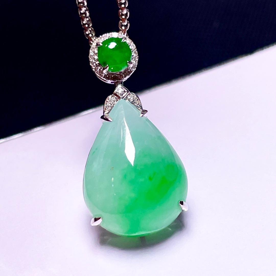 缅甸翡翠水滴镶金玉吊坠天然玉石A货18K金镶嵌冰糯种辣绿高档1021