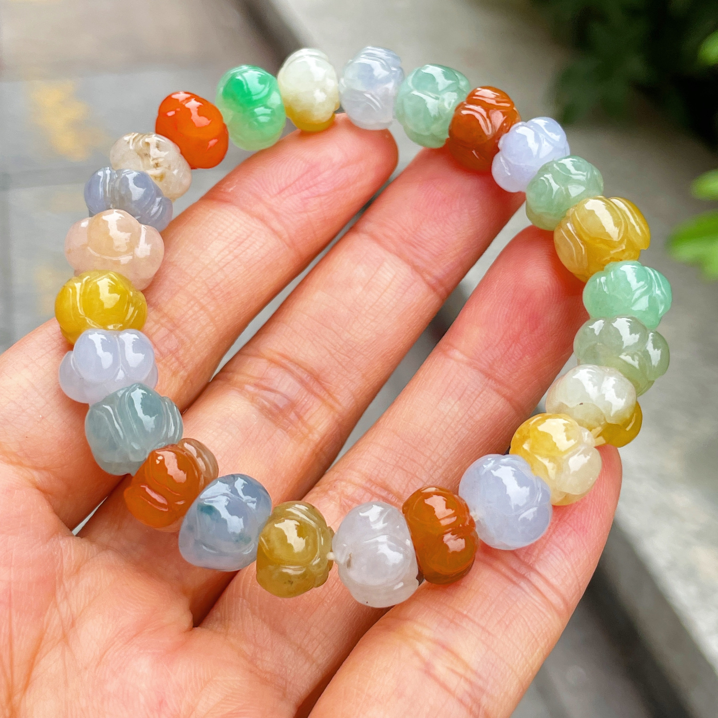 缅甸翡翠手串莲花玉手串天然玉石A货冰糯种三彩收藏新款正品0530