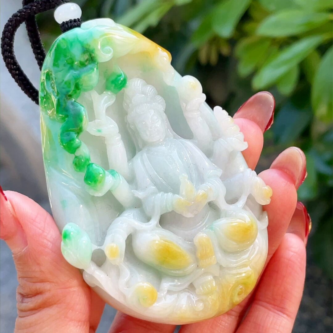 缅甸翡翠观音千手观音玉吊坠天然玉石A货冰糯种黄加绿正品0528