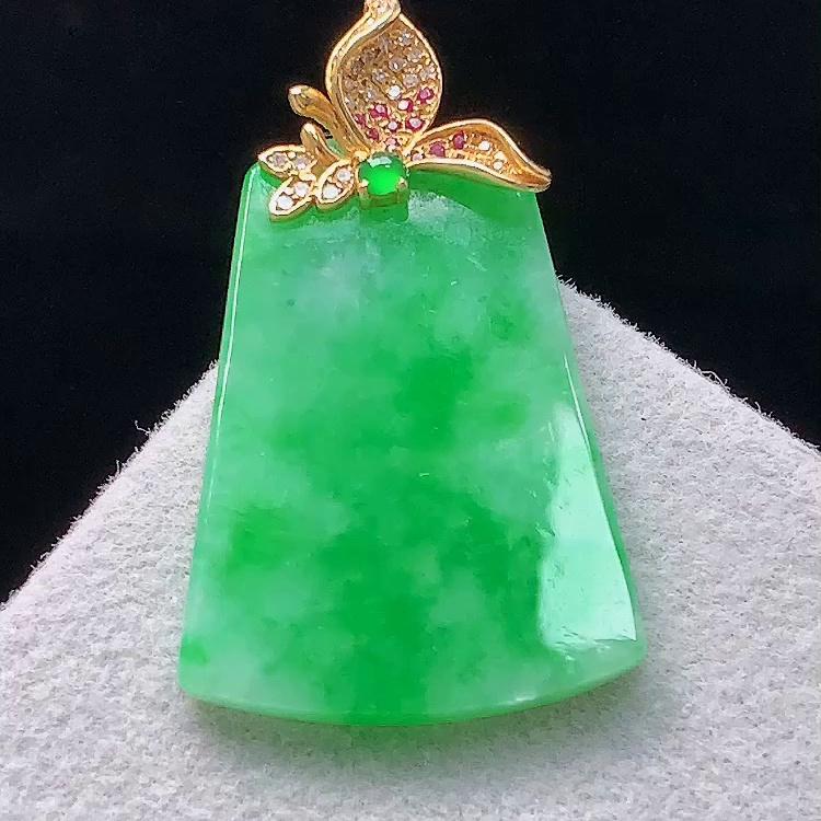 缅甸翡翠无事牌镶金玉吊坠天然玉