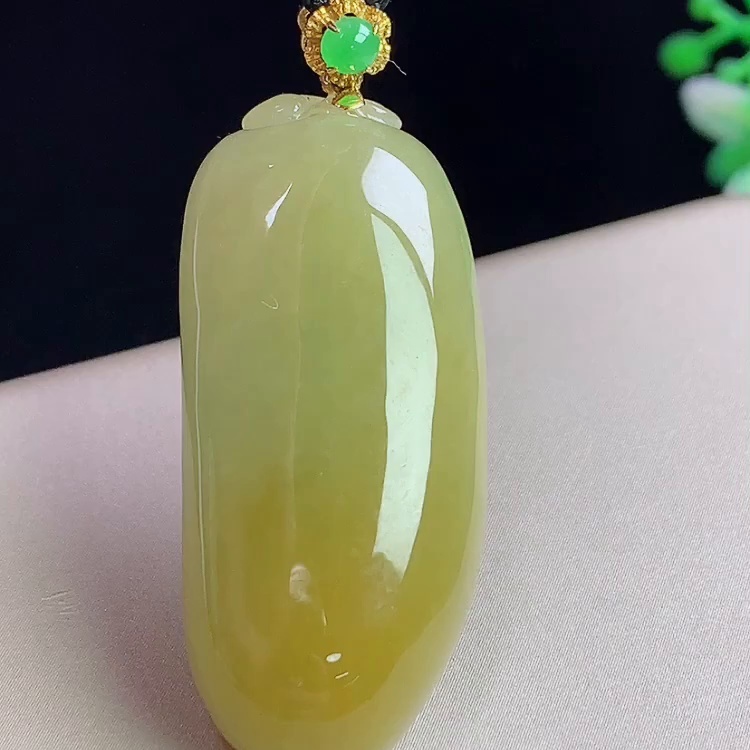 缅甸翡翠福瓜镶金玉吊坠天然玉石A货18K金镶嵌冰种黄翡正品1203