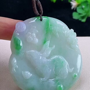 缅甸翡翠兔牌玉吊坠天然玉石A货冰种飘绿高档正品新款证书0305