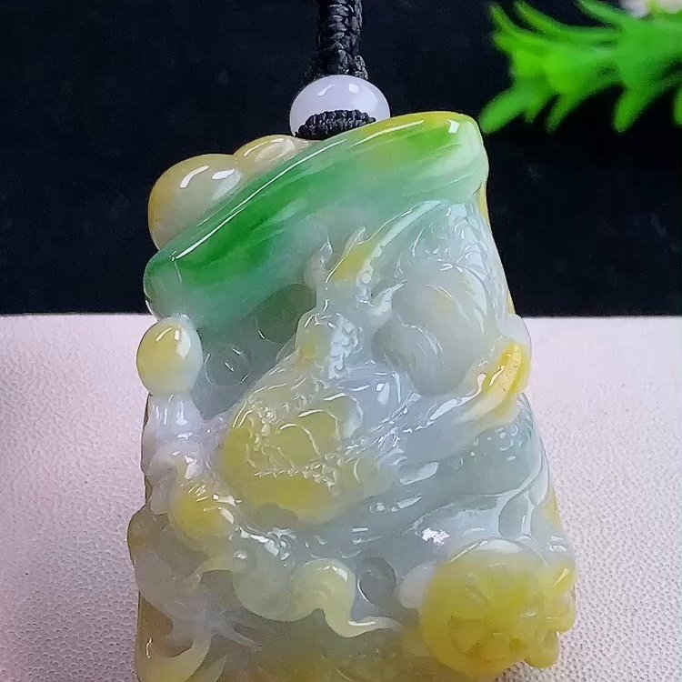 缅甸翡翠龙牌玉吊坠天然玉石A货冰种黄加绿老坑高档正品礼物1230