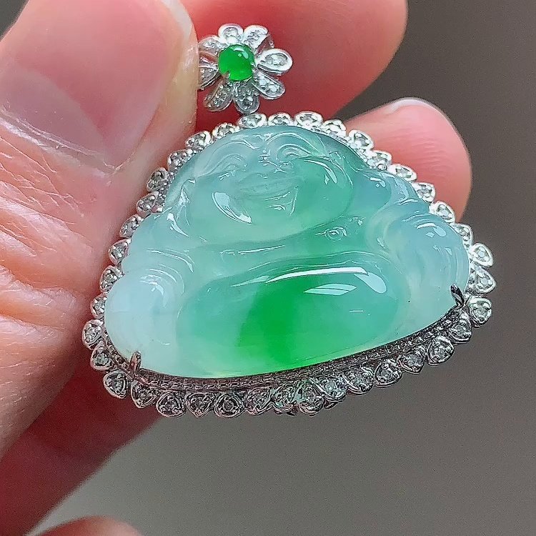 缅甸翡翠佛公镶金玉吊坠天然玉石A货18K金镶嵌冰种阳绿正品1231