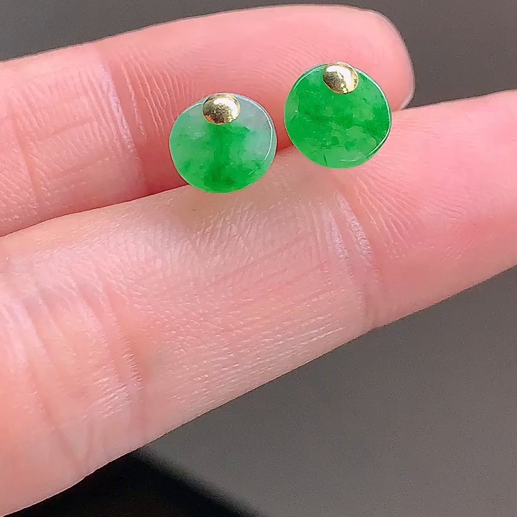 缅甸翡翠圆牌镶金玉耳钉天然玉石A货18K金镶嵌冰种阳绿老坑1203