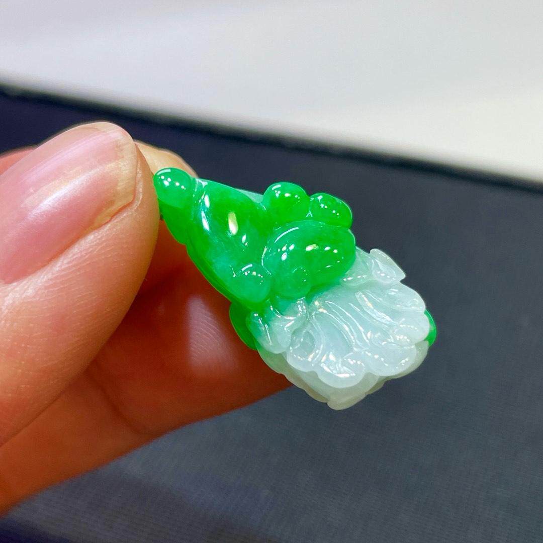 缅甸翡翠白菜镶金玉吊坠天然玉石a货18k金镶嵌冰糯种阳绿正品1021